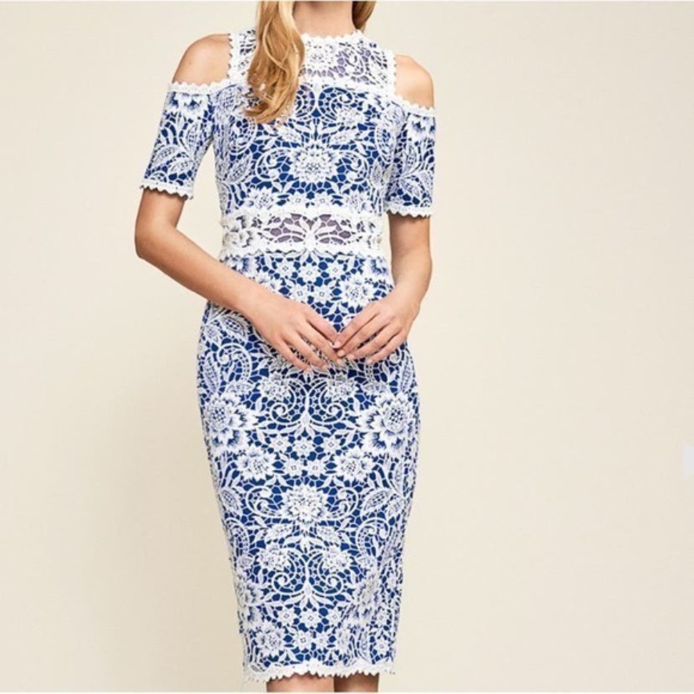 Tadashi Shoji Tegan Floret Lace Mid Length Dress Womens‎ 8 Blue White NWT